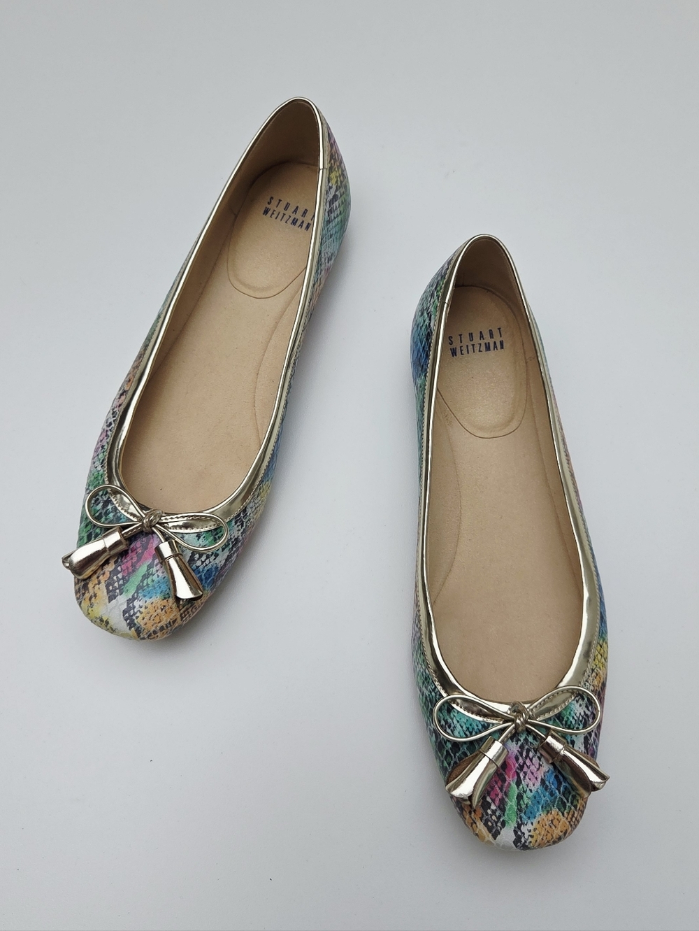 Stuart Weitzman Snake Skin Embossed Reptile Tie Bow Ballet Flats Heel Taps 8.5